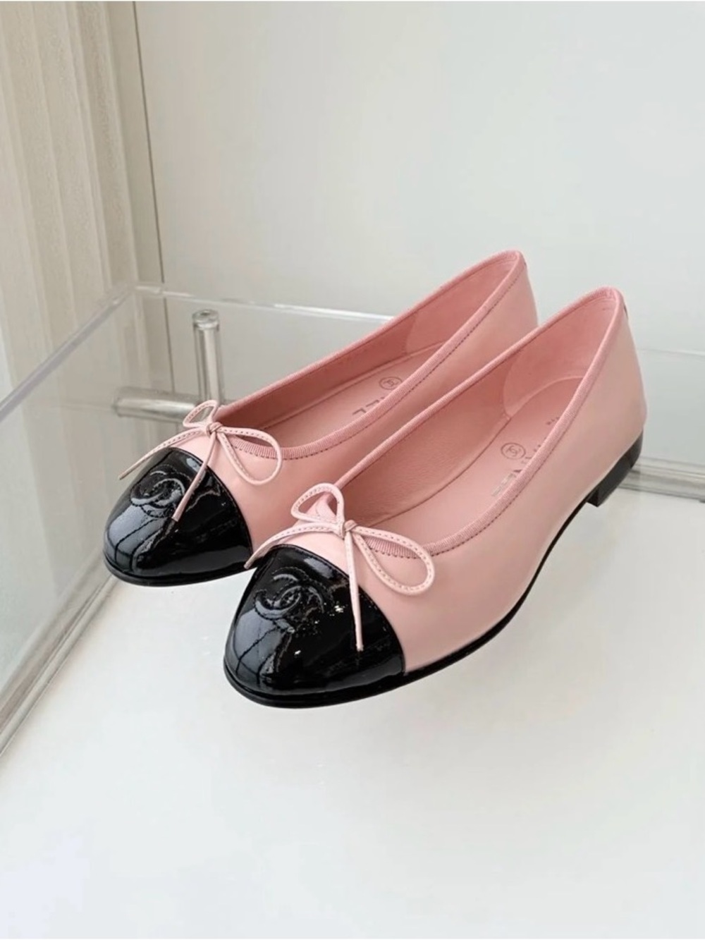 Chanel Pink and Black Two-Tone Ballet Flats with Bow